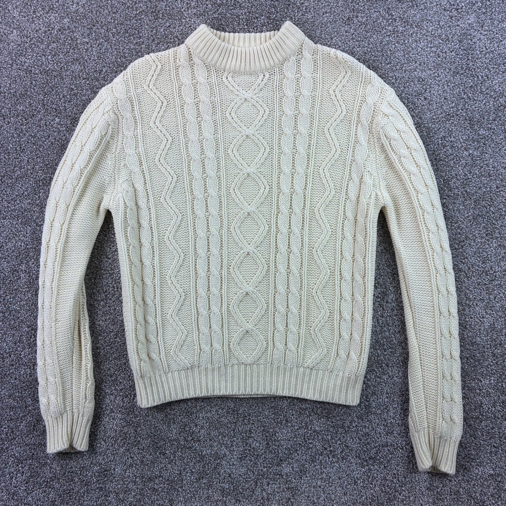 Vintage Sears Cable Knit Sweater Mens Small Cream Fisherman Mock Neck Pullover‎